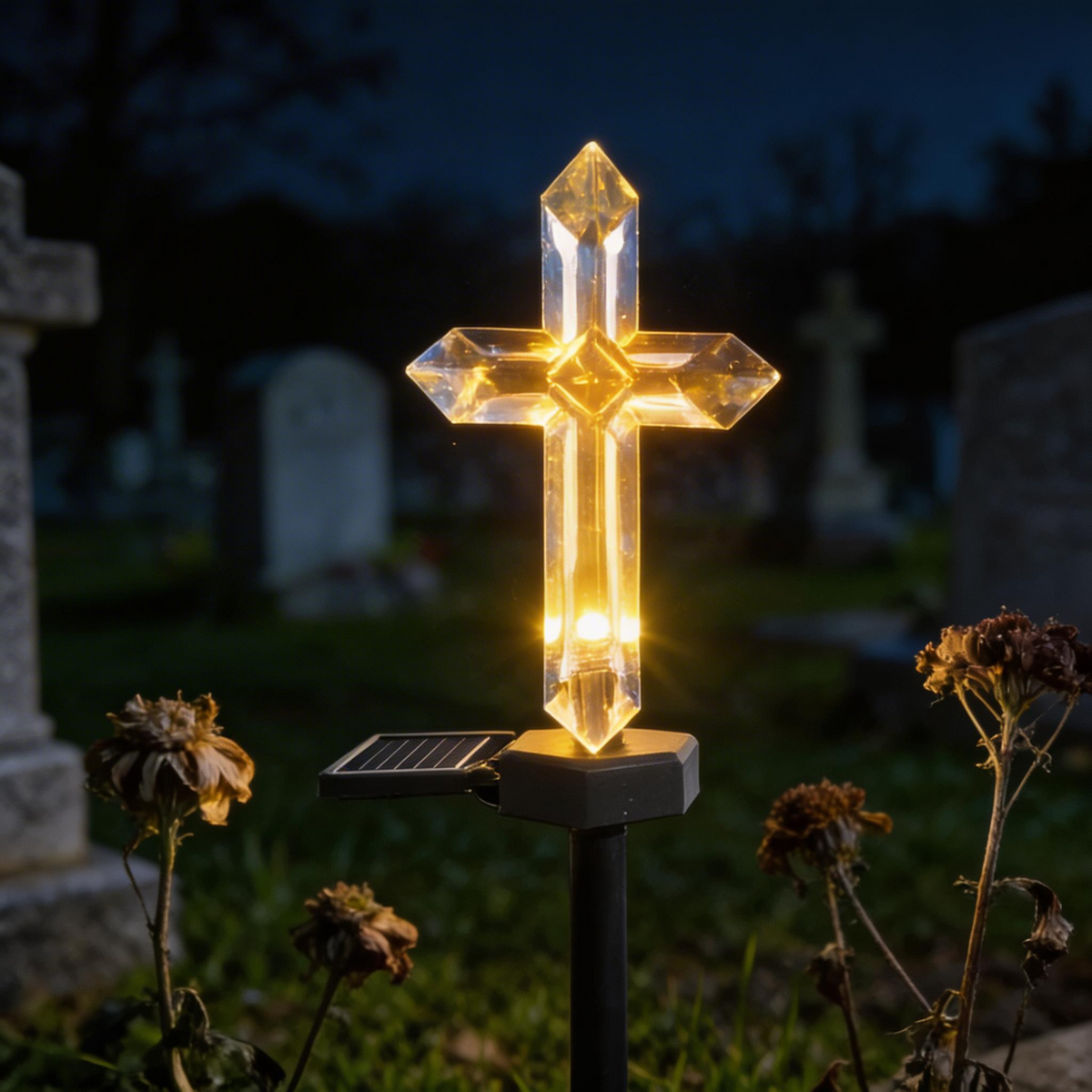 Set 4 Cruci Solare Decorative LED Alb Cald pentru Gradina si Cimitir – Iluminare Automata