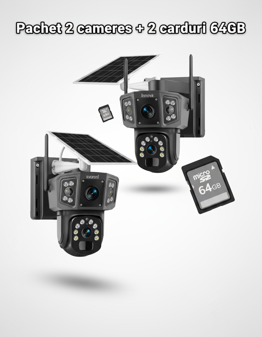Set 2 x Camera Supraveghere Solara Dubla INNOVA 4G , 6MP , Full HD, PTZ 360°, baterie 12000mAh, 3 ani garantie