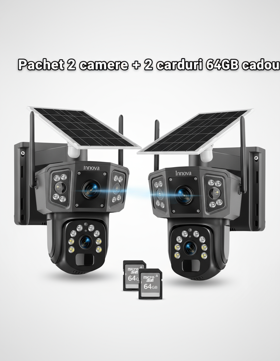Set 2 x Camera Supraveghere Solara Dubla INNOVA 4G , 6MP , Full HD, PTZ 360°, baterie 12000mAh, 3 ani garantie