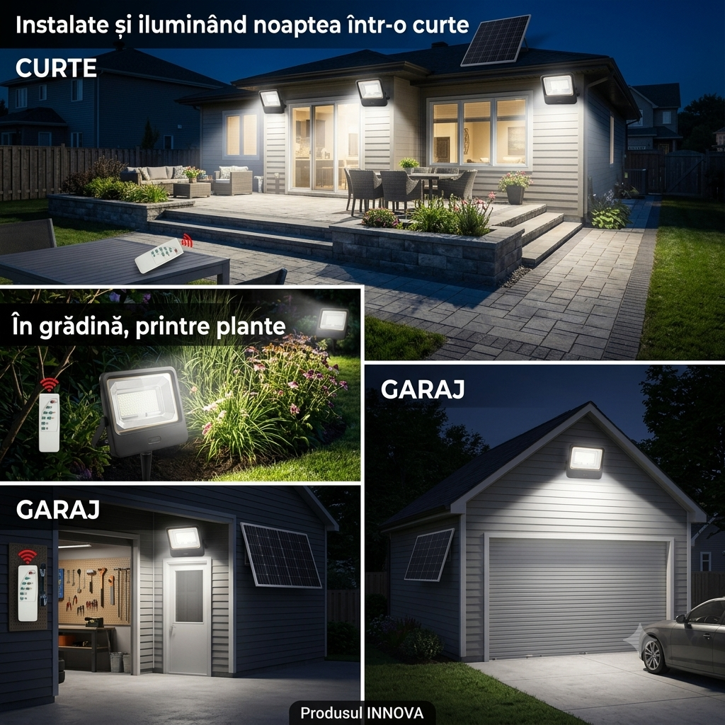 Set 2 Proiectoare Solare LED 1000W Innova Smart Home Cyborg, IP67, Panouri Solare 45x35 cm și Telecomenzi