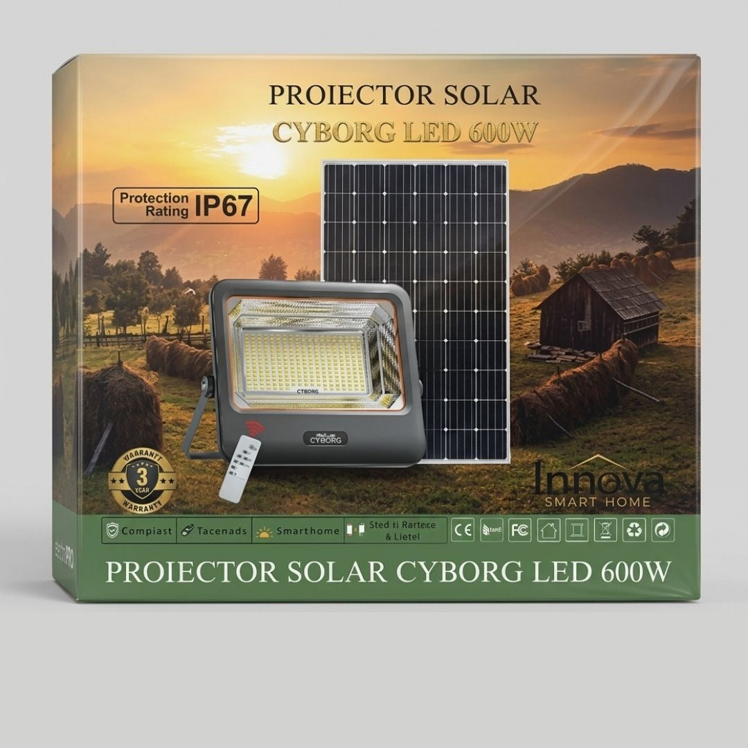 Proiector Solar LED 600W/800W/1000W Innova Smart Home Cyborg, IP67, Panou Solar 35x29 cm și Telecomandă
