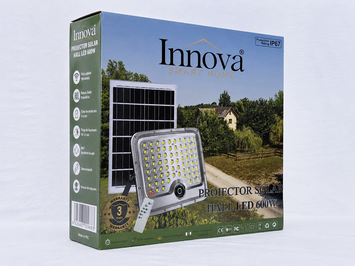 Proiector Solar LED 600W Innova Smart Home Hall, IP67, Panou Solar 35x35 cm și Telecomandă