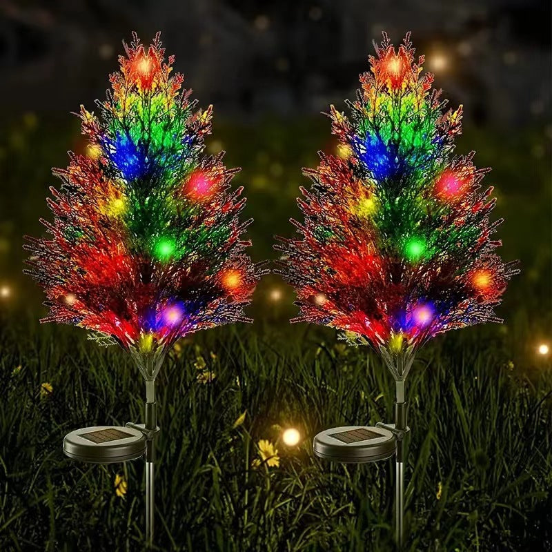 Set 4 x Copaci Tuia Solari Decorativi cu 10 LED-uri Multicolore, 70 Ramuri, Înălțime 80 cm, Iluminare Automată cu Energie Solară